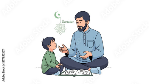 Father teaching son about Ramadan with Quran in hand-drawn illustration
