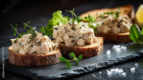 Wallpaper Mural Smoked mackerel rillettes served chilled, modern plate, slate background, contemporary seafood look Torontodigital.ca