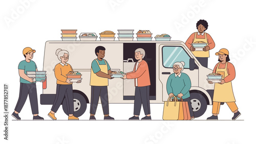 Volunteers Distributing Food from Truck to Elderly People