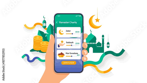 Hand holding smartphone with Ramadan charity donation app interface