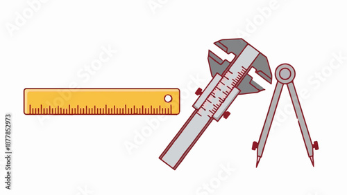 A yellow ruler, a caliper, and a compass are arranged against a white background