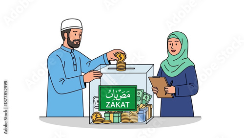 Muslim couple donating to charity with zakat box illustration