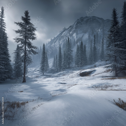 Winter Mountain Landscape with Snow-Covered Pine Forest and Dramatic Sky, winter forest in the fog