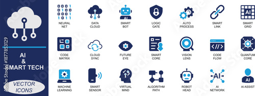  Solid AI and smart tech icon set with neural, data, cloud, algorithm, robot, chip, and circuit symbols. Perfect for apps, software, digital projects, and future tech branding.