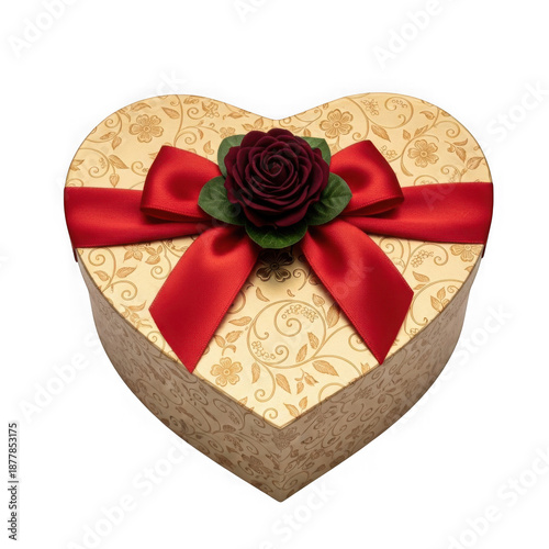 Heart-shaped gift box with rose, isolated on transparent background