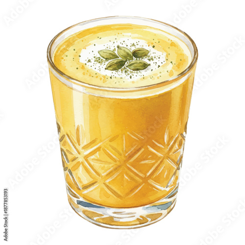 Mumbai Mango Lassi Gin Watercolor Illustration, Spiced Yogurt Fruit Cocktail, Hand Painted Vector Isolated on White
