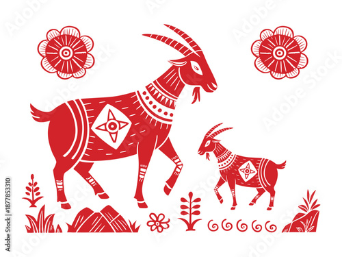 Decorative Red Folk Art Goats Vector Illustration