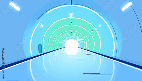 Abstract, brightly lit circular tunnel with repeating green and blue rings extending into light