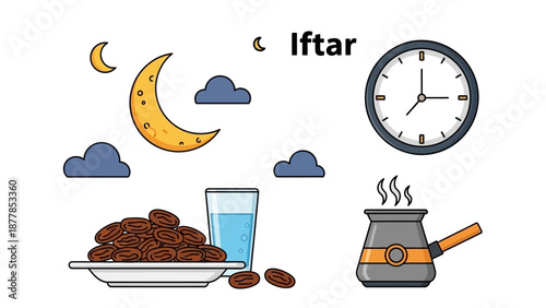 Iftar illustration with dates, moon, clock, and coffee pot