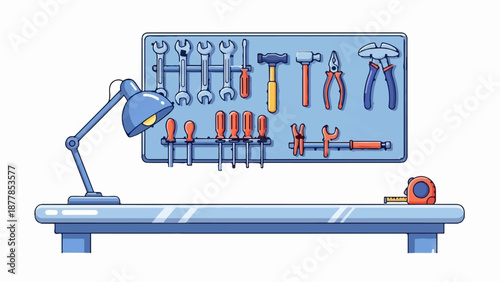 A well-lit workbench with a tool-laden wall and measuring tape