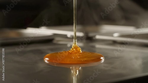 Golden Liquid Pouring onto Hot Metal Surface with Steam Rising in Dark Background
