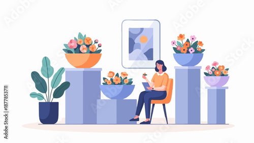 A woman sits in an armchair admiring flowers in pots, with abstract art hanging above