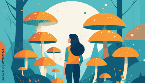 A woman stands amidst oversized, vibrant orange mushrooms under a pale moonlit sky