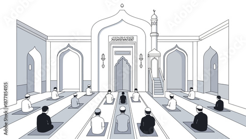 Muslim men praying in a mosque with intricate architecture