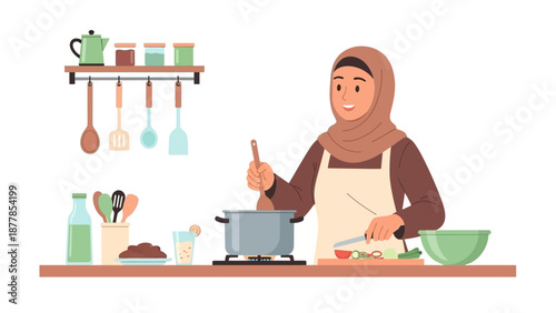 Smiling woman in hijab cooking in modern kitchen setting