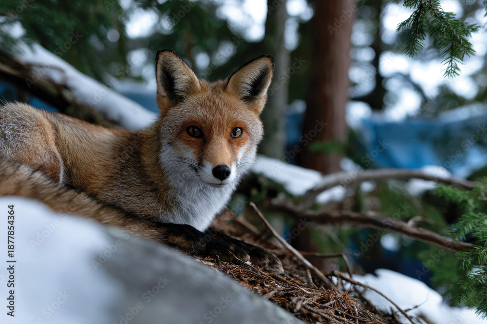 Fototapeta premium A striking red fox peers from its rocky perch, highlighting its intelligent gaze and intricate fur patterns, beautifully merging with the snowy forest backdrop.