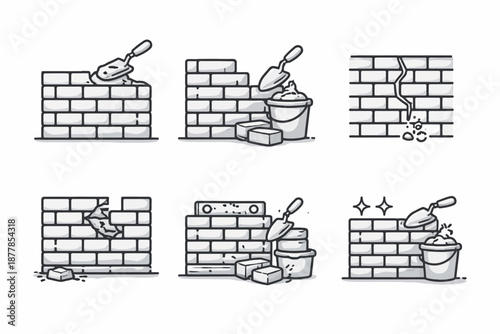 Steps in brick wall construction and repair with tools and materials