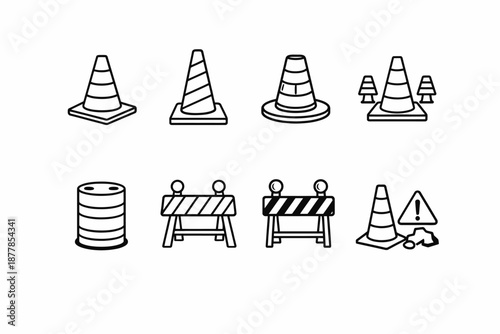 Set of outline traffic cones and barriers for construction and safety