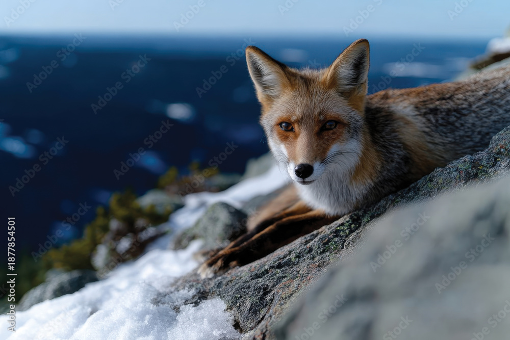 Obraz premium A red fox relaxes on a rocky surface, its posture exuding calmness, with a breathtaking vista of snow-covered landscape stretching into the background.
