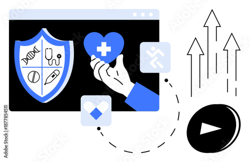 Healthcare technology, digital health platforms, patient care, wellness, medical innovation, preventive care. Shield with medical icons, hand holding heart. Healthcare technology and digital health