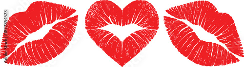 Red Lipstick Kiss Marks and Heart Shape Set, Love and Romance Vector Illustration
