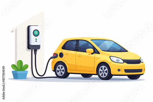 Yellow electric car charging at station with potted plant nearby