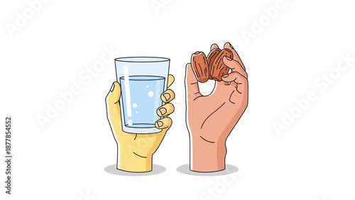 Illustration of hands holding a glass of water and pills