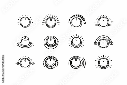 Set of twelve unique black and white audio control knobs