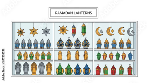 Colorful Ramadan Lanterns Displayed on Shelves for Festive Decor
