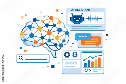Artificial intelligence concept with brain, ai assistant, and data visualization
