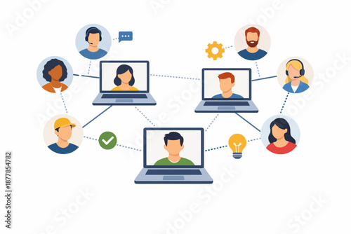 Diverse team collaboration via video conference with laptops and avatars