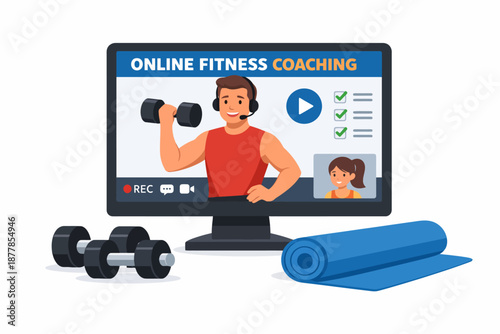Young male online fitness coach in virtual workout session