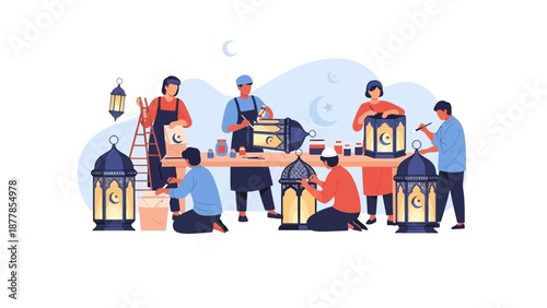 Team of artisans crafting traditional lanterns in workshop setting