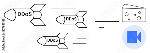 Cybersecurity, online threats, DDoS attacks, network protection, data security, digital defense. Image shows missiles labeled DDoS aimed at media and cheese symbols. Cybersecurity and online threat
