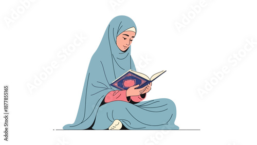 Illustration of a Woman in Hijab Reading a Book