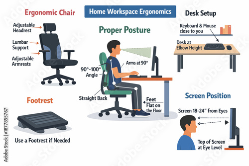 Home workspace ergonomics: proper desk setup and chair position for comfortable posture