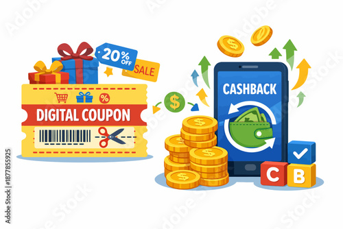 Digital coupon and cashback concept with mobile app and savings illustrations