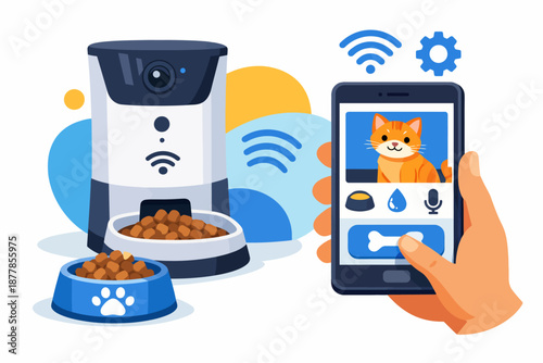 Smart pet feeder controlled by smartphone app with wi-fi connectivity