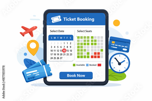 Online ticket booking interface with date and seat selection