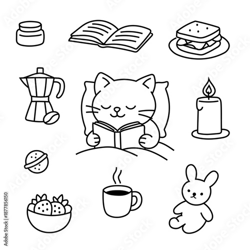 Children’s Coloring Page Elements; Simple Bold Line Food and Items Illustration
