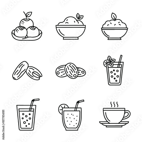 Nutritious Food and Beverage: Explore a collection of dietary choices, presenting wholesome ingredients and refreshing drinks, ideal for illustrating wellness, health-conscious selections.