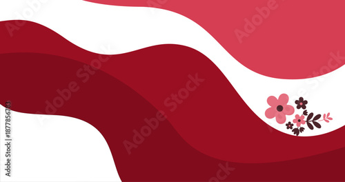 Abstract wavy background with red layers and a decorative floral corner element.