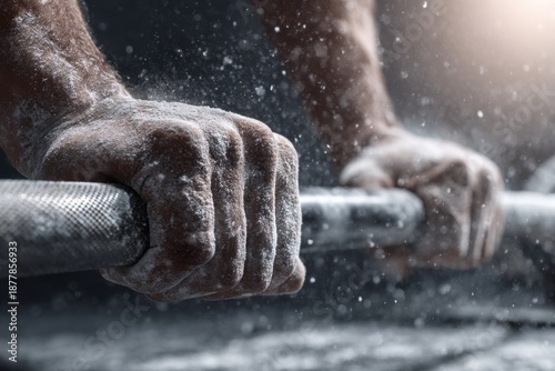 Close-up of a powerfully gripped barbell covered in chalk dust during an intense weightlifting workout