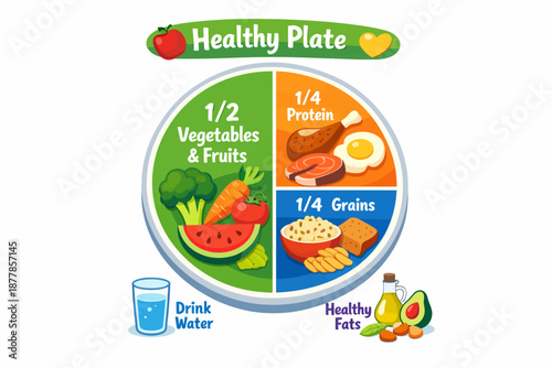 Balanced diet chart: healthy plate with vegetables, proteins, grains, and fats