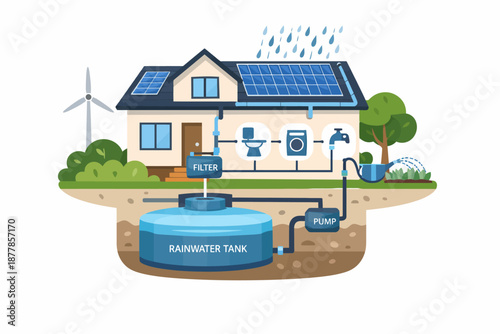 Eco-friendly home with rainwater harvesting and solar panel system