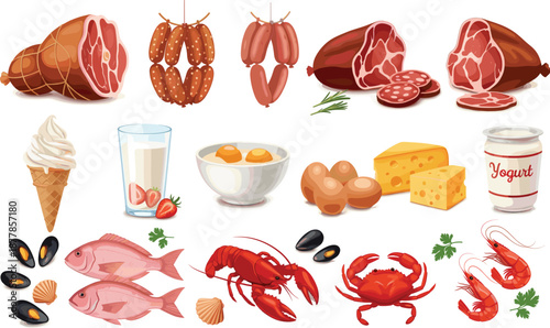 Protein Rich Food Vector Illustration Set with Meat, Sausages, Dairy Products, Eggs, Fish, and Seafood for Nutrition, Diet, and Grocery Designs