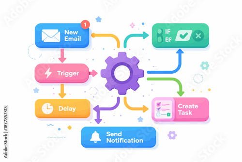 Automation workflow diagram with email, trigger, delay, and task creation elements
