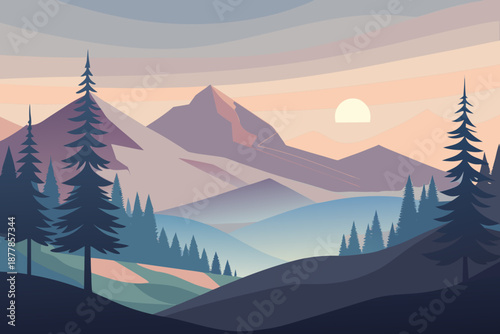 Minimal soft background of a peaceful forest with mountains and sunset trees pine trees 1