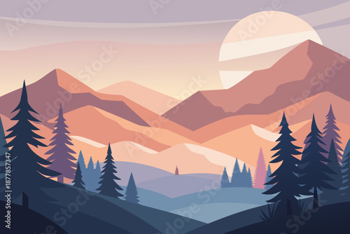 Minimal soft background of a peaceful forest with mountains and sunset trees pine trees