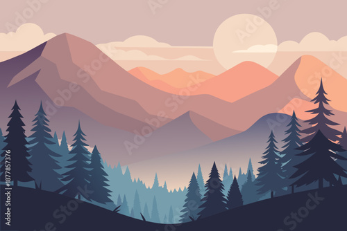 Minimal soft background of a peaceful forest with purple and pink mountains and blue trees under a sunset sky